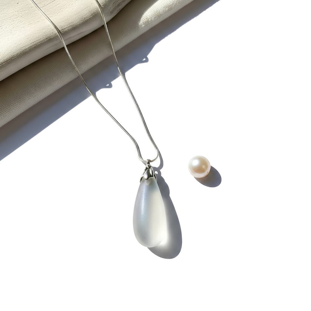 Alexis Bittar Carved Frosted Lucite Teardrop Pendant Necklace Silver